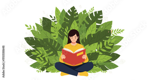 Young woman sitting cross legged and reading a red book with a background of lush green tropical leaves and foliage.