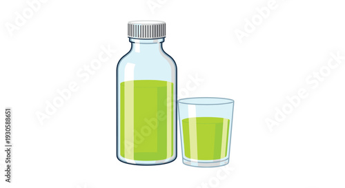 Clear glass bottle and a small glass both filled with a vibrant green liquid or juice, symbolizing health and wellness drinks.