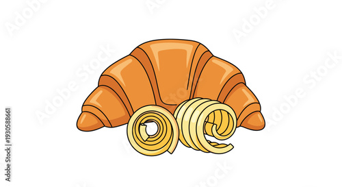 Large golden brown croissant served with two decorative butter curls on a white background for bakery and breakfast themes.