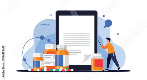 Person researching medication and drug information on a digital tablet with various pill bottles and capsules in a medical illustration.
