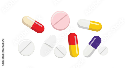 Large variety of medical pills and capsules in different colors and shapes scattered over a clean white background for healthcare concepts.