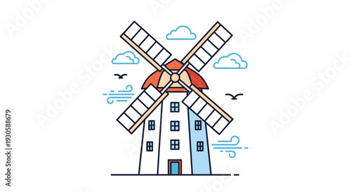 Classic windmill building icon with blue clouds and wind elements in a clean line art style for environmental and energy concepts.