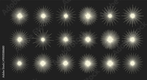 Collection of eighteen different monochrome sunburst and starburst icons with various line densities and lengths on a dark background.