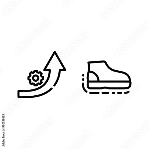 Vector icons illustrating gradual progress with a gear and arrow, and quiet footwear, representing soft transitions and silent movement.