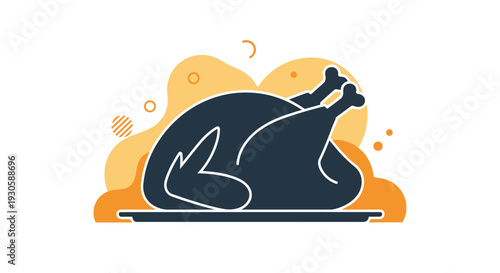Silhouette of a whole roasted turkey or chicken on a serving platter with an orange abstract background for holiday food concepts.