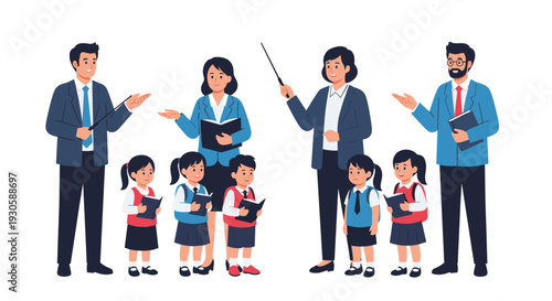 Group of professional teachers in suits standing with young students in school uniforms holding books in an educational setting concept.