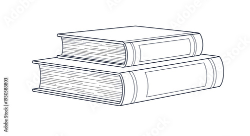 Detailed line art drawing of two thick books stacked together with visible spines and page textures for academic or literary design.