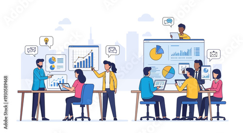 business team meeting, data analysis, office work, financial strategy