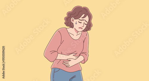 Woman with stomach ache, abdominal pain, feeling unwell