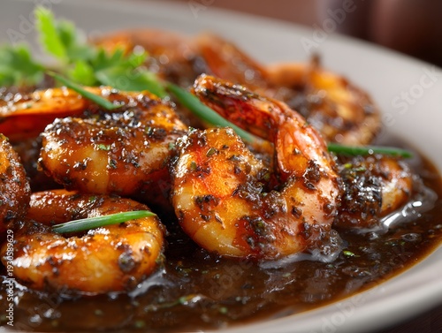 Petis runting highlighting seafood coated dark shrimp paste sauce glossy sticky texture bold Indonesian flavor focus clean professional stock photo sharp macro photography style cinematic realism