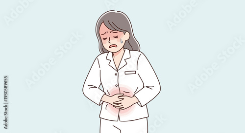 Woman with stomach ache, abdominal pain, healthcare concept