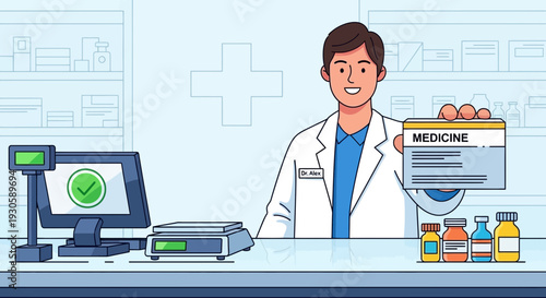 Pharmacist holding medicine prescription in pharmacy, healthcare concept