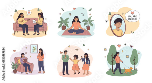 Mental wellbeing and self-care illustrations: meditation, support, and positivity