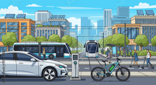 Electric vehicles in smart city: sustainable transport, e-bike, bus, tram, charging station