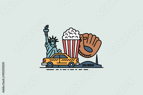 United States Famous Landmarks and Cultural Icons Illustration