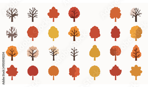 Autumn fall tree icon collection with seasonal foliage flat vector illustration isolated on white
