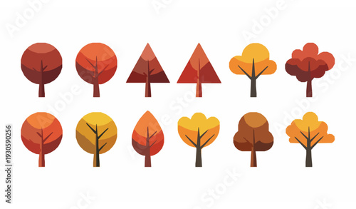 Flat autumn tree icon set vector illustration for fall season landscape design isolated on white