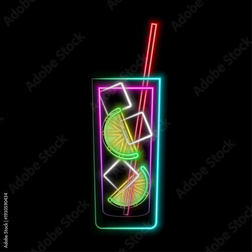 Neon cocktails bar sign. Karaoke night club logo with glasses of alcohol shake. Vector. Drinking canteen banner. Night club invitation. Two cocktail glasses in circle frame with text.