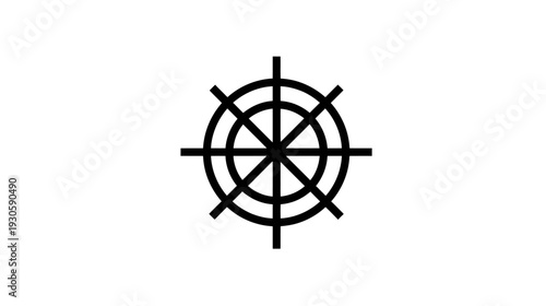 A black, symmetrical wheel-like design on a white background, containing circular and straight lines