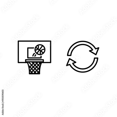 Sports and abstract icons: A basketball in mid-air heading for a hoop signifying a delayed shot or goal, next to a circular arrow icon representing a calm loop or cycle.