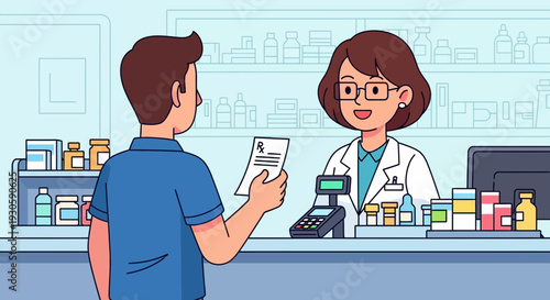 Pharmacist assisting customer with prescription at pharmacy counter