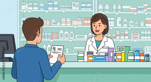 pharmacist assisting customer with prescription at pharmacy counter