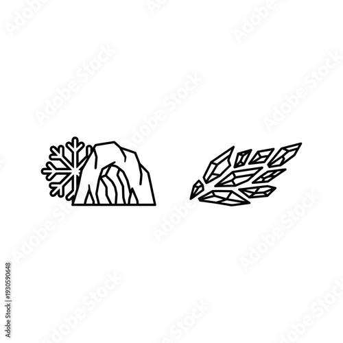 Abstract winter icon collection featuring an icy cave entrance with a snowflake and fragmented ice crystals, symbolizing cold and sharp beauty.