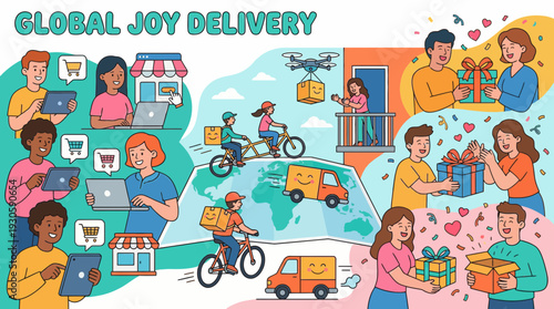 global joy delivery: online shopping, worldwide shipping, gift giving, happy people