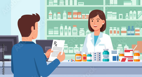 Pharmacist assisting customer with prescription in pharmacy