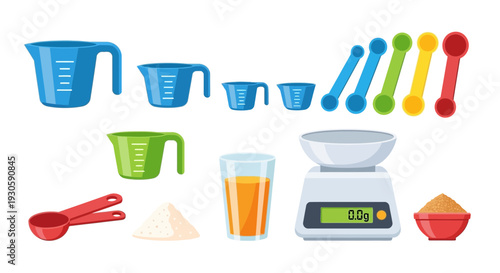 Kitchen measuring tools and ingredients for cooking and baking