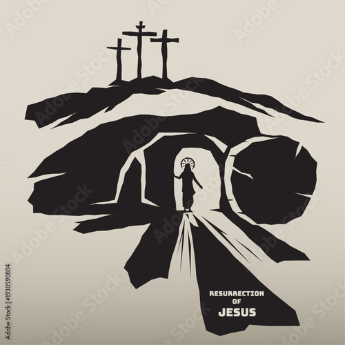 Empty Tomb of Jesus Christ with Three Crosses on Calvary Hill—Resurrection Sunday Illustration