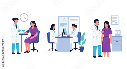 Medical checkup illustration: doctor examining patient, healthcare concept