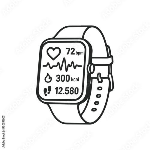 Modern Fitness Tracker Smartwatch Outline Vector with Heart Rate Graph and Steps Counter