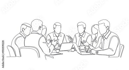 Business meeting drawing, diverse team collaborating around table with laptop