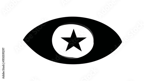 A graphic featuring a black eye shape with a white pupil and a five-pointed black star