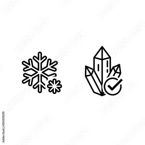 Winter icons featuring a large snowflake and crystals, with a smaller snowflake and a checkmark, representing winter core and verified chill, on white.