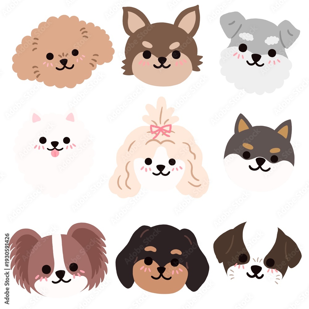 Obraz premium Cute Dog Face Breed Collection Hand Drawn Illustration