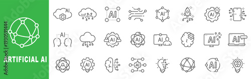 Artificial intelligence AI outline icon set featuring machine learning, neural network, brain, cloud computing, automation technology concepts data analytics innovation