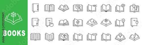 Books outline icon set featuring open book, textbook, notebook, dictionary, research, education and learning symbols editable stroke line design