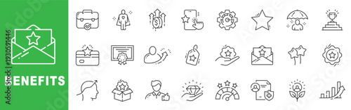 Benefits outline icon set featuring reward, bonus, protection, growth, career promotion, insurance, investment and success symbols editable stroke line design