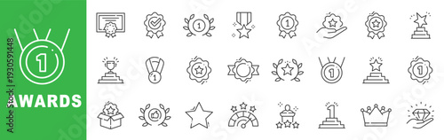 Awards outline icon set featuring trophy, medal, certificate, ribbon, star, podium, crown symbols for achievement recognition and competition success editable stroke design