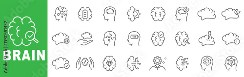 Brain outline icon set featuring mind, cognition, neuroscience, mental health, creativity and neural network symbols editable stroke line design