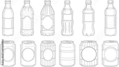 Line art vector set featuring blank plastic water bottles and soda aluminum cans with labels for drink packaging design and branding
