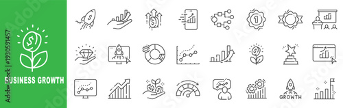 Business growth outline icon set featuring profit increase, revenue charts, startup rocket, analytics dashboard and investment success symbols editable stroke line design