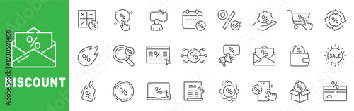 Discount outline icon set featuring sale, coupon, percentage, cashback, shopping cart and promotional offer symbols editable stroke line design