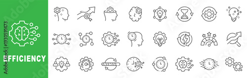 Efficiency outline icon set featuring productivity, optimization, workflow, time management, automation and performance improvement symbols editable stroke line design
