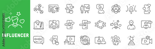 Influencer outline icon set featuring content creator, social media marketing, audience engagement, live streaming, branding and digital promotion symbols editable stroke line design