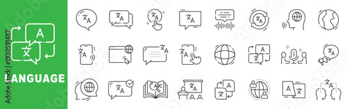 Language outline icon set featuring translation, multilingual communication, speech recognition, global localization and interpreter services editable stroke line design