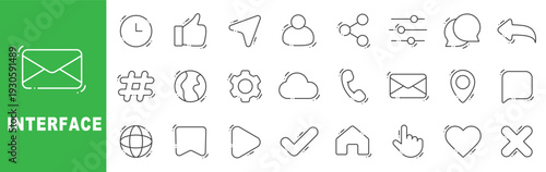 Interface outline icon set featuring user interaction, navigation menu, chat, email, profile, mobile app and web controls editable stroke line design