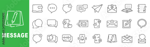 Message and communication outline icon set featuring chat bubbles, email inbox, notification alert, voice message, customer support